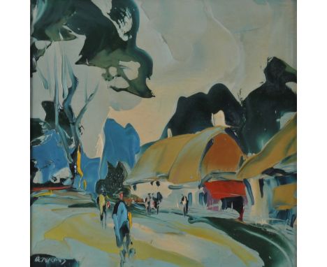 George R. Deakins (British, 1911-1982), Double painting Figures and Cottages plus Figures Heading to Temple, Impasto oil on b