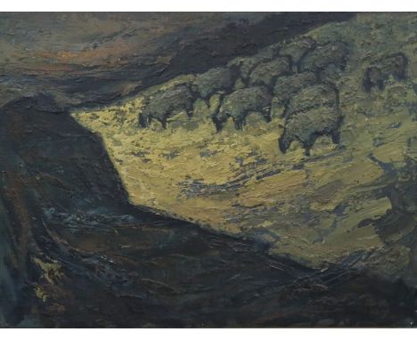 Charles White (Welsh School, 1928-1997), Sheep in a Yellow Field, oil on board, signed bottom right, dated '66, titled in pen