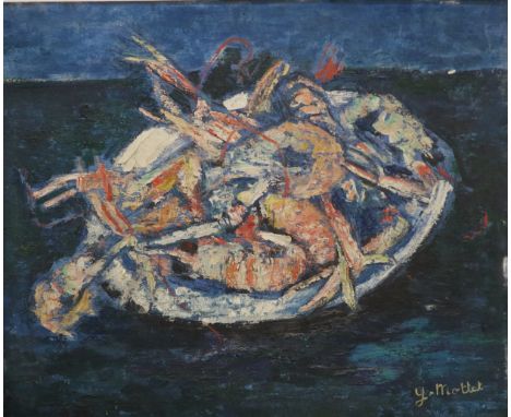 Yvonne Mottet (French, Parisian School 1906-1968), Les Langoustines, oil on board, signed bottom right. Measurements 38 x 46 