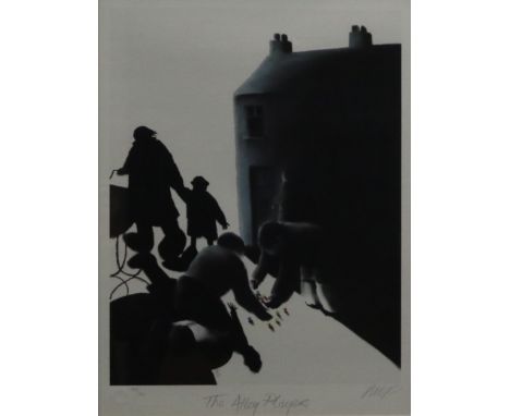 Mackenzie Thorpe (British Contemporary- Northern School, b.1956), The Alley Players, signed bottom left, mounted and framed. 