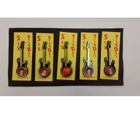 POP MUSIC, plastic guitar brooches, The Sex Pistols, 1980's issues, set of five (four portraits &amp; logo), colour, each on 