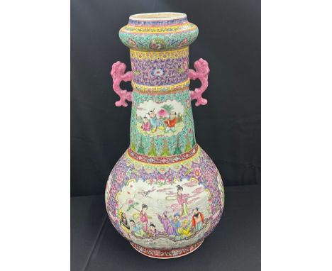 Very large impressive Chinese vase, famille rose. Top inset with roundel of wood. Previously a lamp. Makers mark to base. Hei