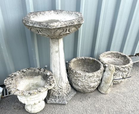 Art Nouveau concrete birdbath together with various garden ornaments, approximate height of birdbath , approximate height 24 