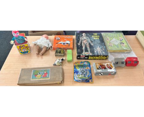 Collection of 34 vintage games includes a jack in the box, Robots still sealed in original casing, antique childs xylophone, 