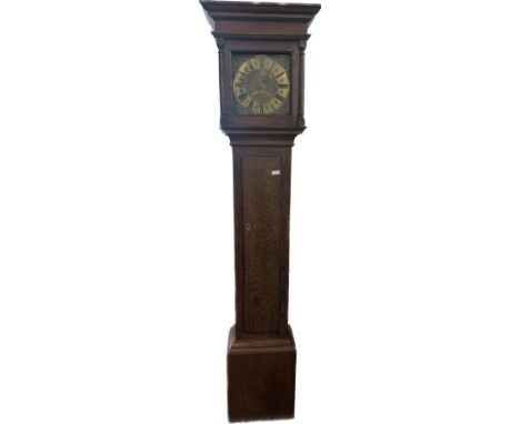 Oak long cased grandfather, brass faced, 30 hour clock measures approximately 80 inches tall x 19 wide