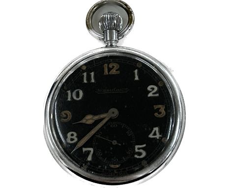 Military Jaeger Lecoultre pocket watch with black dial, back marked GS/TP 004457