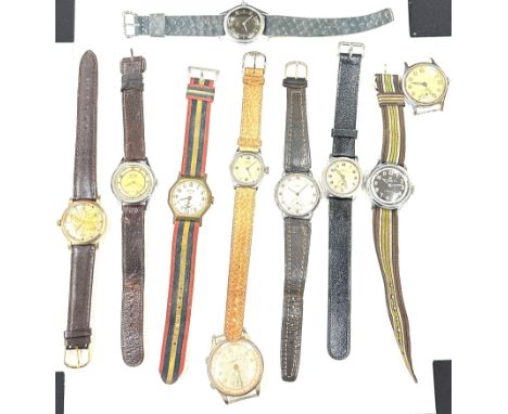 A collection of gents vintage wrist watches to include an Arden chronograph sport, a Bulova, Nevada Aquamatic etc