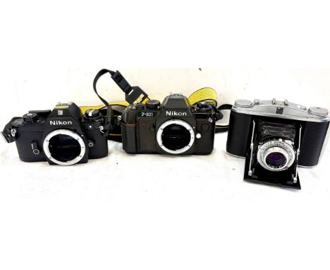 Nikon F301 body, nikon M90 body 35mm film, AGFA Isolette folding camera, all untested