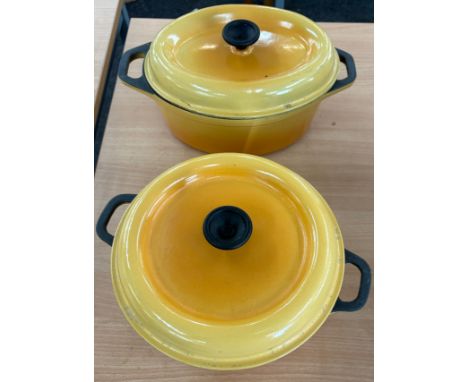 2 Yellow/Orange cast lidded cooking pots, largest diameter 10 inches