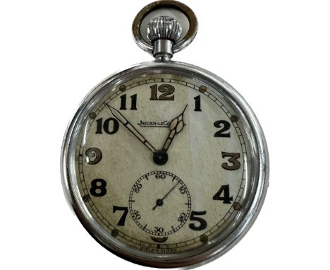 Military Jaeger LeCoultre pocket watch with white dial, back marked G.S.T.P 355021