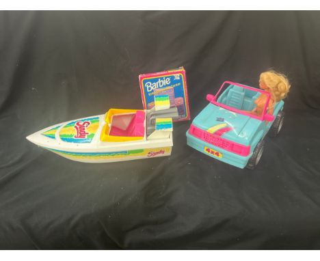 Selection of vintage and later toys includes 1966 Barbie doll, Sindy speed boat etc