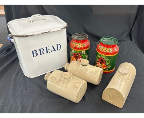 Enamel Bread bin, 2 pieces of bargeware, 2 stoneware water bottles