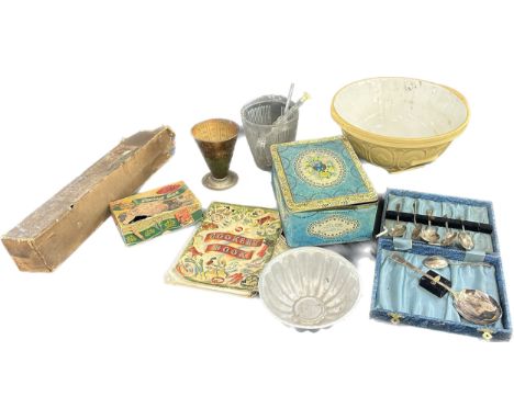 Selection of vintage cooking items to include a large porcelain mixing bowl, rolling pin in original box, jelly mould etc