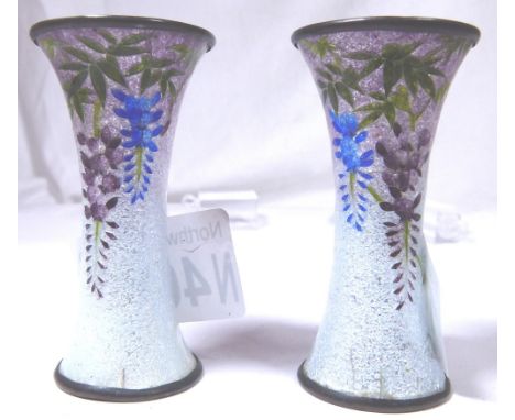 Pair of miniature guilloche enamel vases decorated with wisteria blossoms, H: 7 cm 