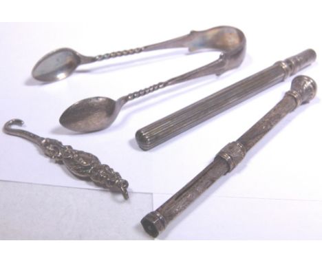 White metal pen by S Morden and pencil, silver tongs and a silver button hook    CONDITION REPORT:  Pencil is jammed in the u