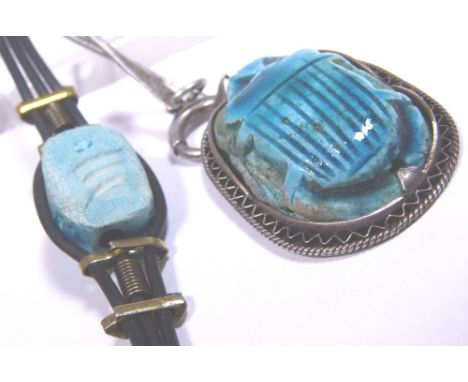 Egyptian style glazed ceramic scarab and metal necklace with matching leather bracelet 
