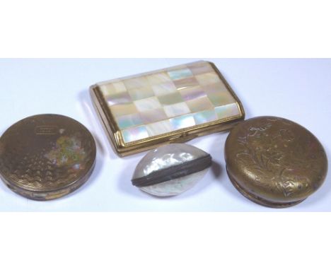 Mother of Pearl musical compact, Hadley compact, mother of pearl pill box and an enamel compact 