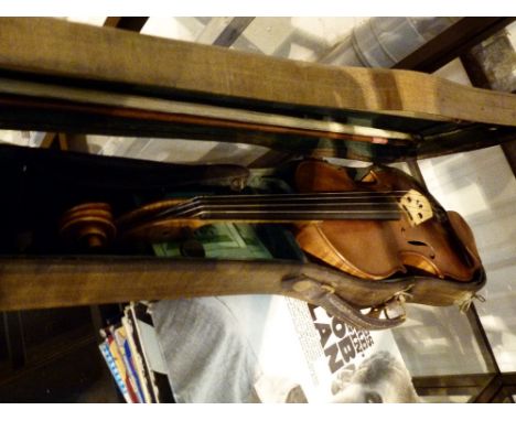 Vintage violin with single piece back in canvas case with two bows    CONDITION REPORT:  Overall in good condition, no label,