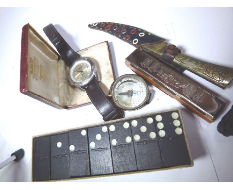 Mixed items including wristwatch, dominoes, knifes, a compass etc 