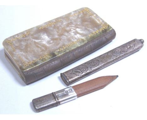 Hallmarked silver pencil with chatelaine loop and a mother of pearl 1931 diary    CONDITION REPORT:  Inner pages still remain