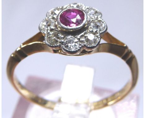 18 ct yellow gold ruby and diamond set ring, Size M 