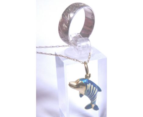 9ct gold and enamel dolphin pendant on a 9ct chain and a silver ring 