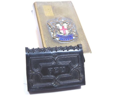 Two vintage bakelite vesta cases and a brass match box cover 