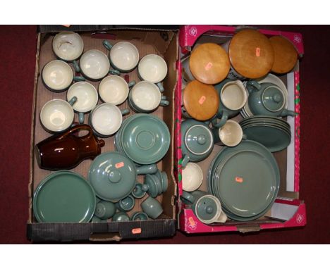 A Denby stoneware dinner and tea service, on a pale green ground and having printed mark verso; together with four Crown Devo