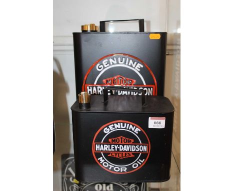 Two reproduction Harley Davidson motorcycle oil canisters, the largest h.33cm