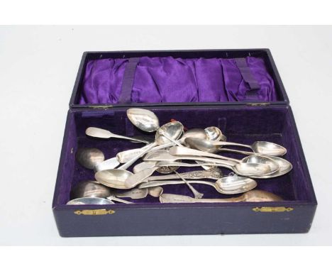 A George III silver caddy spoon; together with various other 19th century and later silver spoons, various dates, patterns an