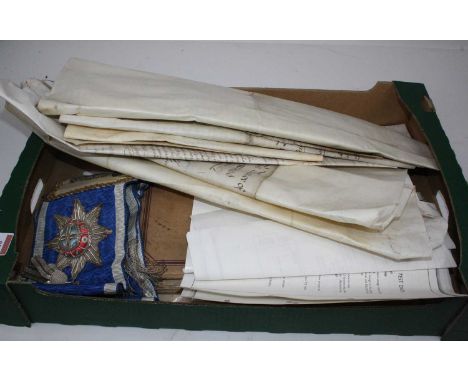 A box of miscellaneous items to include a 19th century deed relating to the Manor of Greenstead naming The Right Honourable A