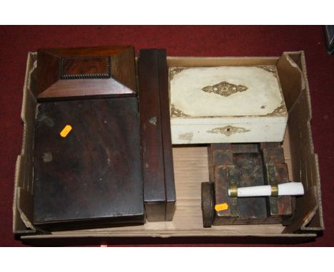 A box of miscellaneous items, to include a Victorian rosewood sarcophagus tea caddy, mahogany cutlery box, jewellery box, mod