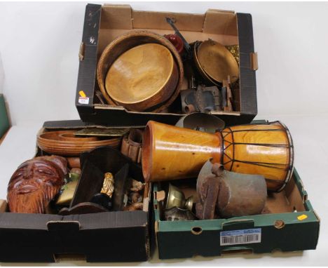 Three boxes of miscellaneous items, to include a wall-mounted cow bell, scales, wooden bowls etc 