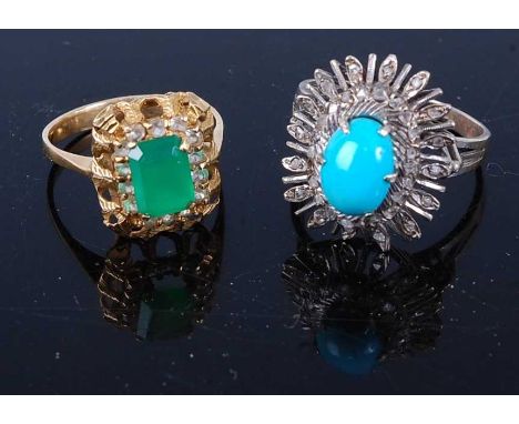 A yellow metal, faux emerald and white stone set cluster ring, 3g, size P; together with a white metal, turquoise and diamond