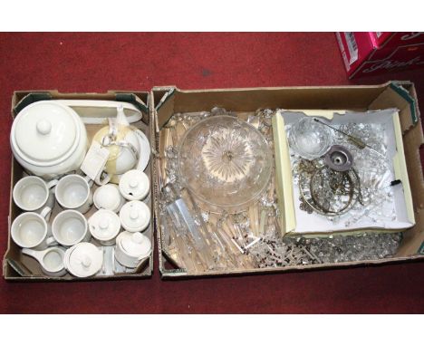 Two boxes of miscellaneous items, to include Mrs Bridges storage jar and mugs, ceiling light pendant with glass prism drops e
