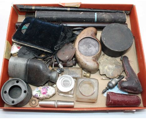 A collection of miscellaneous items, to include toleware type recorder, 19th century pocket snuff box, hip flask, corkscrew, 