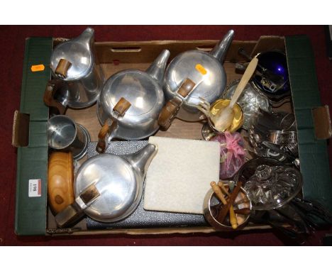 A box of miscellaneous items, to include a piqueware four-piece tea and coffee service, silver plated goblet, napkin rings et