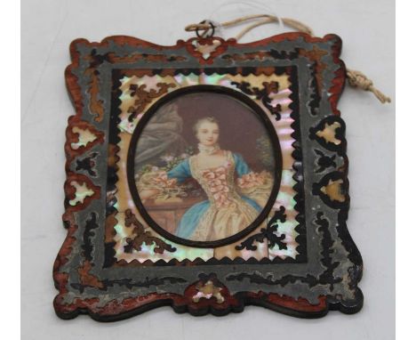 A 20th century half-length portrait of a maiden, miniature overpainted print in mother of pearl and tortoiseshell inlaid fram