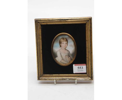 Circa 1800 English school - Half-length portrait of a young Joanna Davenport aged 4 years, miniature watercolour on ivory, fr