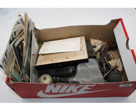 A box of miscellaneous items, to include part 19th century percussion pistol, Hudson's Metropolitan Police whistle, 19th cent