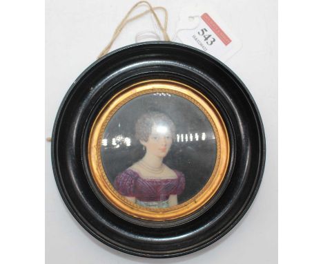 Early 20th century English school - Bust portrait of a girl, miniature watercolour, framed as a circle, dia.8cm, in Walter Jo