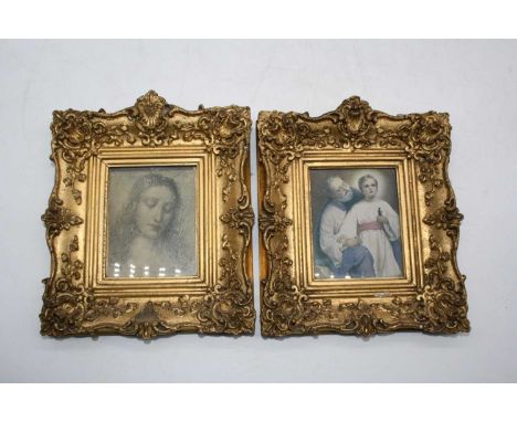 Two lithograph prints, housed in a pair of ornate gilt frames, 10 x 8cm 