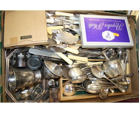 A box of miscellaneous metalware, to include Old Sheffield Plate tankard, wine funnel, hip flask, loose flatware, pepper grin