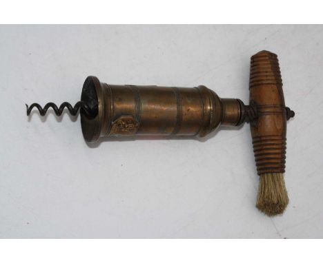 A Victorian Dowler Patent corkscrew, having brass barrel with reeded decoration and patent badge, with steel helix, ring turn