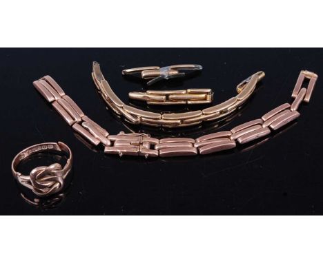 Scrap 9ct gold, being a single ring (cut); two expanding link watch bracelets, both with damage; and steel internal springs, 