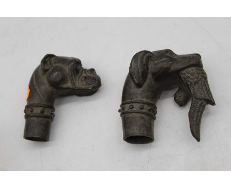 A reproduction bronzed alloy walking stick handle in the form of a bulldog, together with one other as a gundog with bird in 