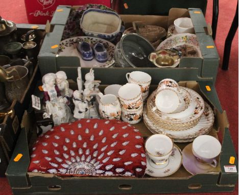 Two boxes of ceramics to include an Imari palette part tea service, porcelain figures etc 