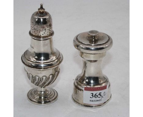 A George V silver pepper grinder; together with a George V silver pedestal pepperette (2)