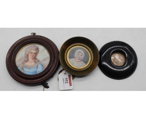 Circa 1900 continental school - Bust portrait of a maiden, miniature on porcelain, dia.8.5cm; together with two miniature por