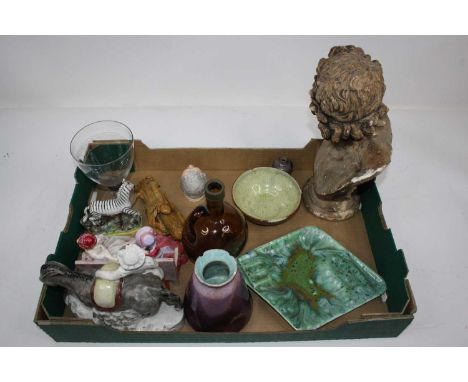 A box of miscellaneous items, to include a Victorian Staffordshire figure of a lady with donkey entitled Sand; a Victorian pe